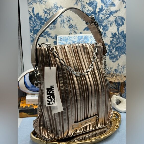 🆕 KARL LAGERFELD PARIS 🧿 NWT K/Kushion Folded Tote, Champagne Muted Metallic - Picture 3 of 16